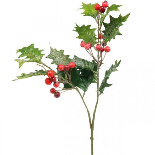 Floristik24 Sztuczna gałązka ostrokrzewu, zimowa jagoda, dekoracja bożonarodzeniowa, ostrokrzew śnieżnozielony, czerwony L63cm