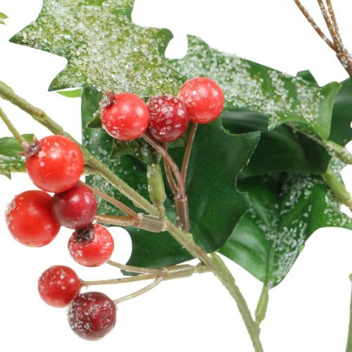 Floristik24 Sztuczna gałązka ostrokrzewu, zimowa jagoda, dekoracja bożonarodzeniowa, ostrokrzew śnieżnozielony, czerwony L63cm