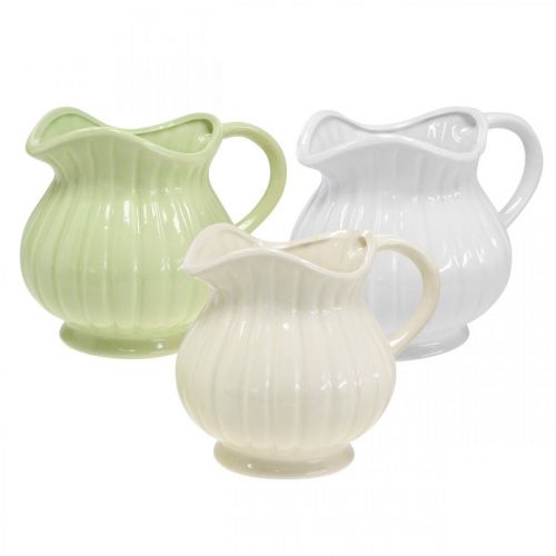 Floristik24 Wazon dekoracyjny, dzbanek z uchwytem ceramiczny zielony, biały, kremowy W14,5cm 3szt