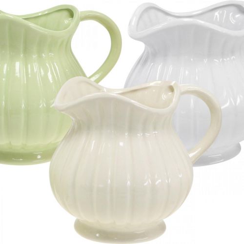 Floristik24 Wazon dekoracyjny, dzbanek z uchwytem ceramiczny zielony, biały, kremowy W14,5cm 3szt