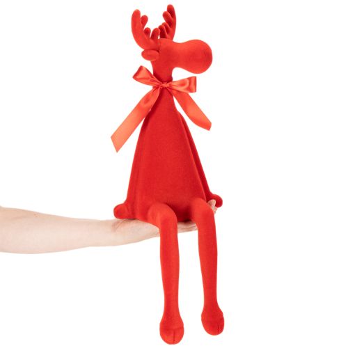 Dekoracyjna figurka łosia z kokardą, siedząca, półka z flokowanego materiału, 54 cm | Floristik24.pl