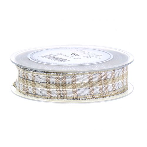 Floristik24 Wstążka w kratkę z miką naturalna-srebrna 25mm 15m