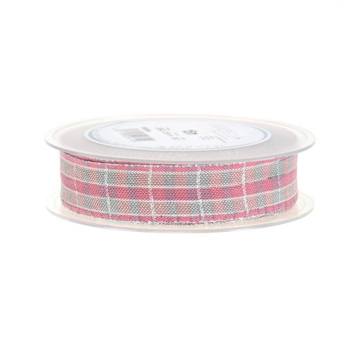Floristik24 Wstążka w kratkę z miką różowo-srebrna 25mm 15m
