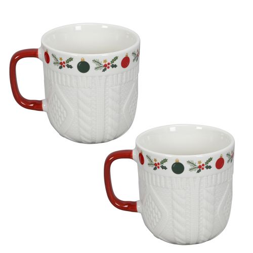 Produkt Ceramiczny kubek bożonarodzeniowy z dzianinowym wzorem i świątecznym dekorem 9cm - czerwono-biały 2szt