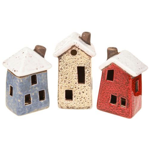 Produkt Ceramiczna dekoracja adwentowa domek kremowo-czerwono-szary 8,5/9,5cm 3 sztuki