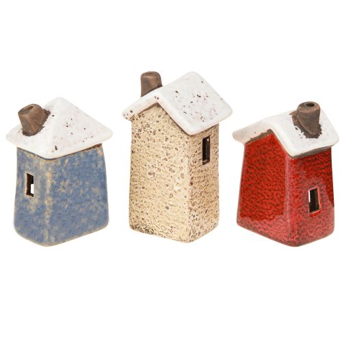 Produkt Ceramiczna dekoracja adwentowa domek kremowo-czerwono-szary 8,5/9,5cm 3 sztuki