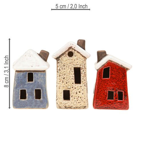 Produkt Ceramiczna dekoracja adwentowa domek kremowo-czerwono-szary 8,5/9,5cm 3 sztuki