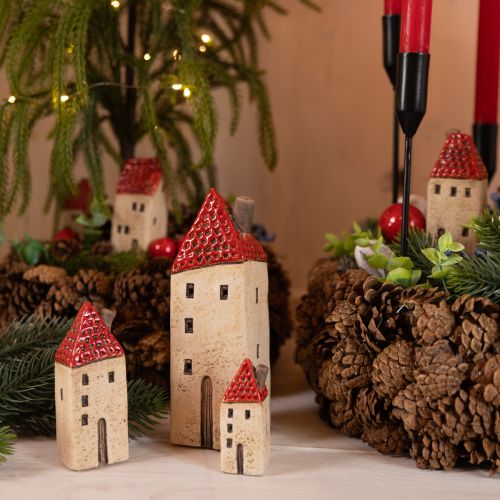 Domki ceramiczne, małe domki dekoracyjne, dekoracja jesienna, wys. 8 cm, 6 szt.