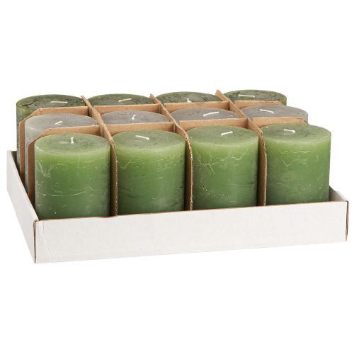 Produkt Świece zielone 3 kolory słupki w jednolitym kolorze 70x100mm 12 szt