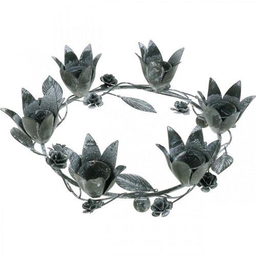 Świecznik kwiat pierścień metal Ø23cmH7cm szary