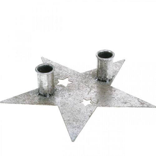Produkt Gwiazda do dekoracji świecy, dekoracja metalowa, świecznik na 2 świece stożkowe srebrne, wygląd antyczny 23cm × 22cm