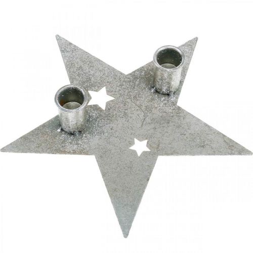 Produkt Gwiazda do dekoracji świecy, dekoracja metalowa, świecznik na 2 świece stożkowe srebrne, wygląd antyczny 23cm × 22cm
