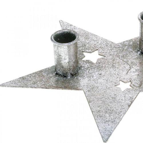 Produkt Gwiazda do dekoracji świecy, dekoracja metalowa, świecznik na 2 świece stożkowe srebrne, wygląd antyczny 23cm × 22cm