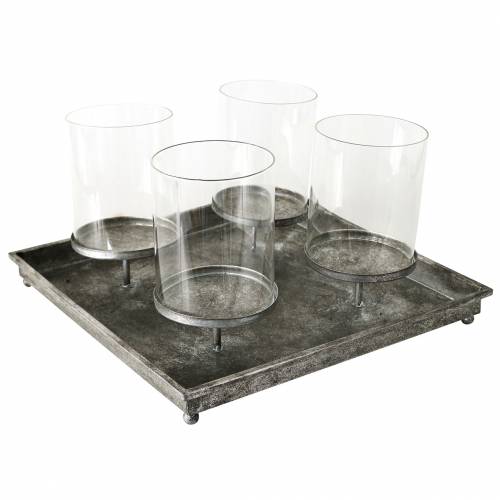 Floristik24 Taca adwentowa z 4 świecznikami 40 × 40 cm antyczny metal / szkło srebro
