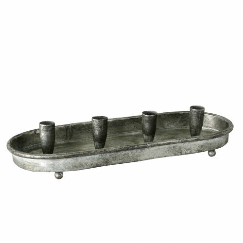 Taca owalna na 4 świece Antyczne Srebro Metal 40×17cm