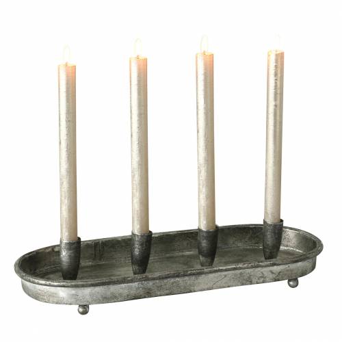 Floristik24 Taca owalna na 4 świece Antyczne Srebro Metal 40×17cm