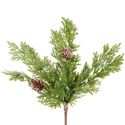 Sztuczna gałązka sosnowa z szyszkami, ośnieżona, 28 cm, 6 szt.