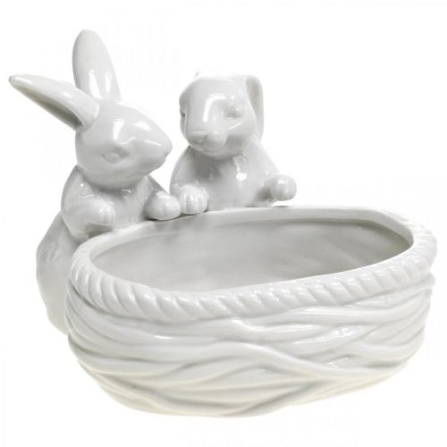 Floristik24 Króliki z gniazdem, dekoracja stołu, gniazdo wielkanocne, dekoracja porcelanowa, miska dekoracyjna biała dł.15cm wys.11cm