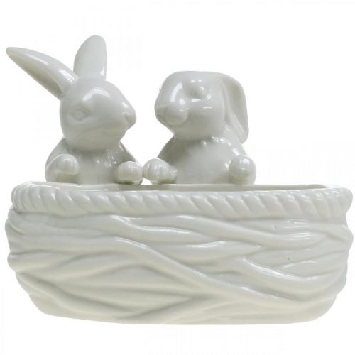 Produkt Króliki z gniazdem, dekoracja stołu, gniazdo wielkanocne, dekoracja porcelanowa, miska dekoracyjna biała dł.15cm wys.11cm
