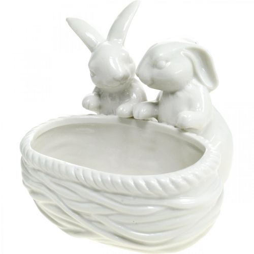 Produkt Króliki z gniazdem, dekoracja stołu, gniazdo wielkanocne, dekoracja porcelanowa, miska dekoracyjna biała dł.15cm wys.11cm