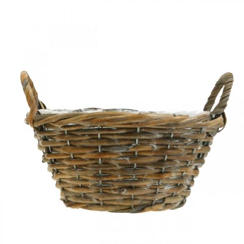 Produkt Dekoracja kwiatowa, drewniany kosz z uchwytami, naturalna donica, myta na biało W12cm Ø24cm