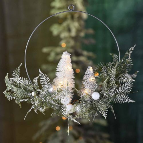 Floristik24 Podświetlany wieniec z jodłami i kulami, Adwent, zimowa dekoracja do powieszenia, pierścień dekoracyjny LED srebrny S45cm Ø30cm