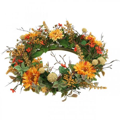 Floristik24 Jesienny Wianek Jedwabne Kwiaty Żółty Gerbera Oset Wianek Ścienny Ø42cm