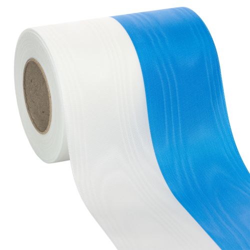 Produkt Wstążka do wieńca Moiré Blue and White 125 mm – Wysokiej jakości wstążka żałobna i dekoracyjna, wstążka narodowa o eleganckim wyglądzie, rolka 25 m