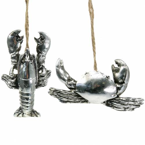 Floristik24 Deco krab i homar do powieszenia antyczne srebro 9cm 2szt