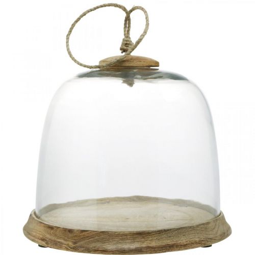 Szklany dzwonek z drewnianą płytą, dzwonek tortowy z jutowym uchwytem W19cm Ø22,5cm