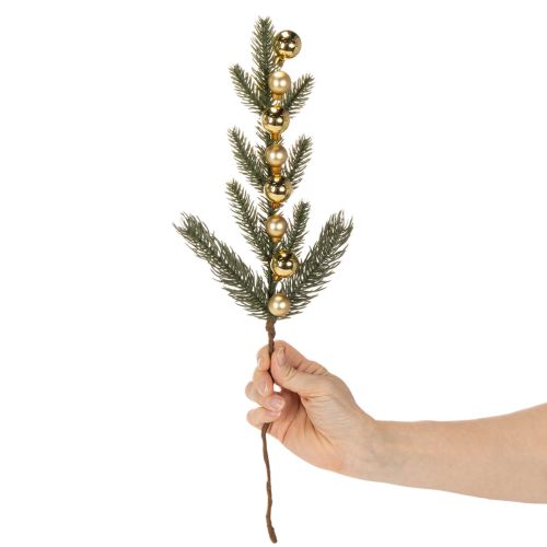 Sztuczna gałązka jodły z mini bombkami choinkowymi w kolorze złotym, 46 cm, 2 sztuki | Floristik24.pl