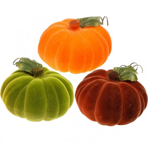 Dekoracyjna dynia flokowana mix pomarańczowy, zielony, czerwony dekoracja jesienna 16cm 3 szt
