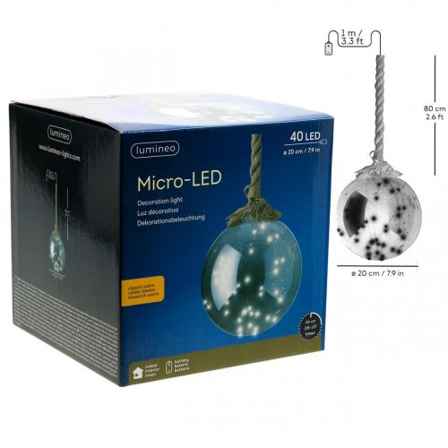 Floristik24 Kula LED wewnątrz Ø20cm przyciemniony 40L ciepły biały timer