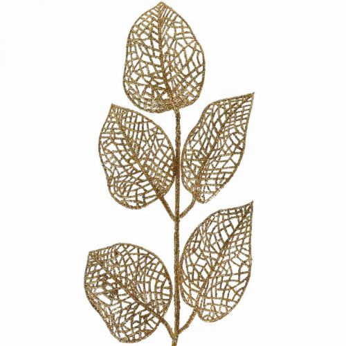 Produkt Sztuczne rośliny, dekoracja gałązek, ozdobny liść złoty brokat L36cm 10 szt