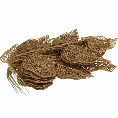 Produkt Sztuczne rośliny, dekoracja gałązek, ozdobny liść złoty brokat L36cm 10 szt