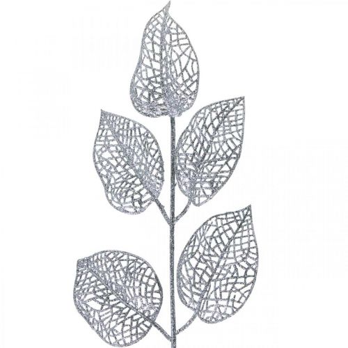 Produkt Sztuczne rośliny, dekoracja gałęzi, liść deco srebrny brokat L36cm 10szt