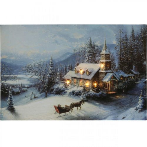 Produkt Obraz LED Świąteczny pejzaż zimowy z kościołem Fototapeta LED 58x38cm