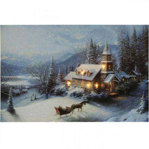 Floristik24 Obraz LED Świąteczny pejzaż zimowy z kościołem Fototapeta LED 58x38cm