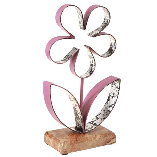 Produkt Metalowa dekoracja Kwiat na drewnianej podstawie Stary róż Srebrny H29cm