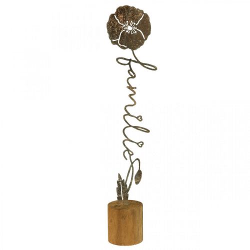 Drewniany stojak na kwiaty z metalową dekoracją i napisem „Rodzina” wys. 40 cm