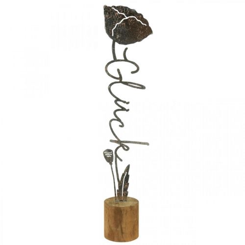 Drewniany stojak z metalowym kwiatkiem i napisem „Szczęście” wys. 40 cm