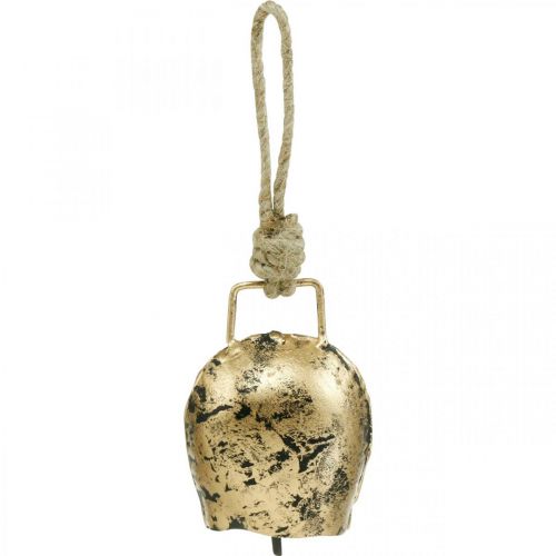 Floristik24 Dzwonki do zawieszenia, mini cowbells, wiejski dom, dzwonki metalowe Złote, antyczny wygląd 7×5cm 12szt.