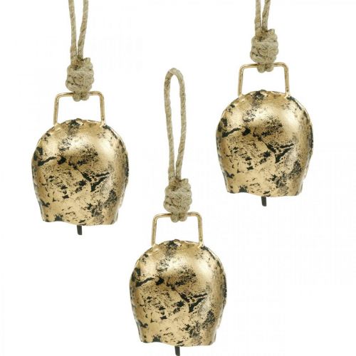 Floristik24 Dzwonki do zawieszenia, mini cowbells, wiejski dom, dzwonki metalowe Złote, antyczny wygląd 7×5cm 12szt.