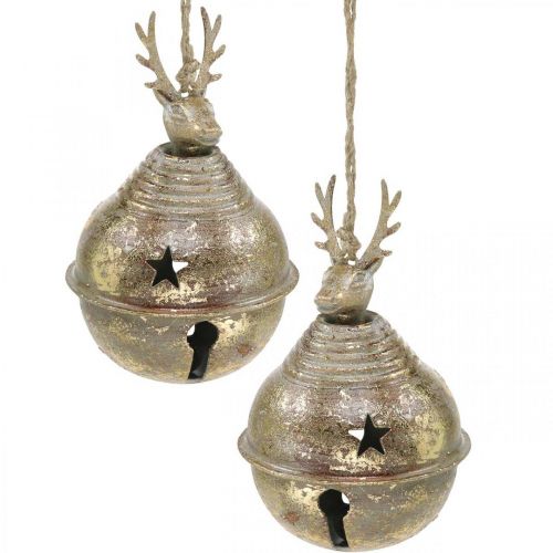 Floristik24 Metalowe dzwonki z dekoracją reniferów, dekoracja adwentowa, dzwonek bożonarodzeniowy z gwiazdkami, złote dzwony w stylu antycznym Ø9cm wys.14cm 2 sztuki