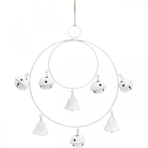 Produkt Dzwonek z dzwoneczkami, Dekoracja adwentowa, Wieniec z dzwoneczkami, Metalowa dekoracja do powieszenia Biały H22,5cm W21,5cm