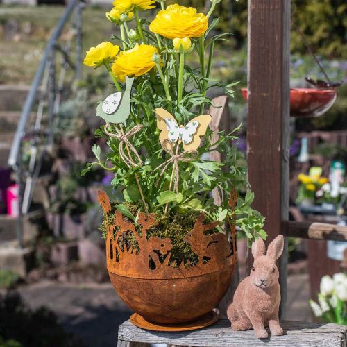 Floristik24 Metalowa miska z królikami, ozdoby wielkanocne, donica do sadzenia patyny Ø18cm W19,5cm