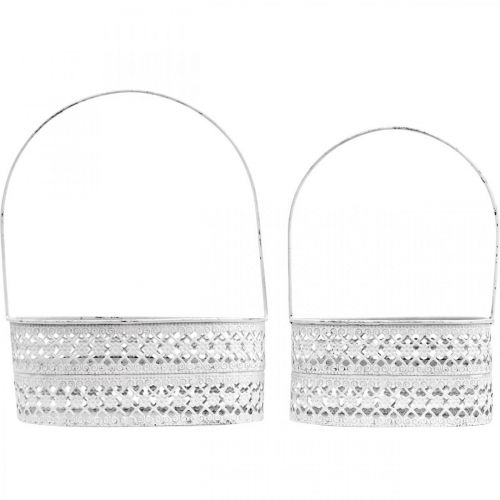 Floristik24 Kosz metalowy owalny, ozdobne naczynie do sadzenia białe, srebrne w stylu vintage dł.17 / 22cm wys.25 / 28cm zestaw 2 szt.