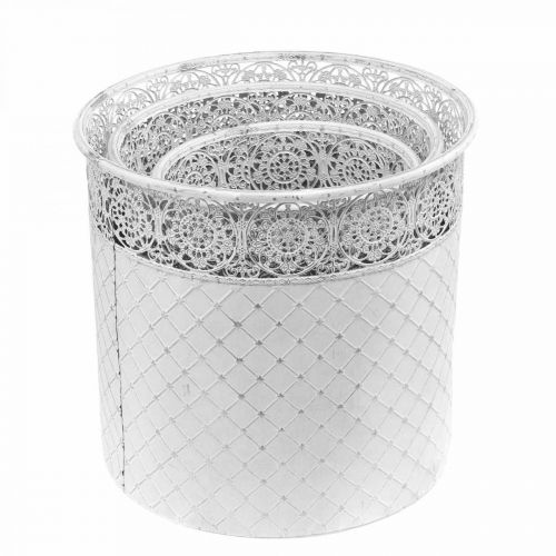 Produkt Doniczka z koronkowym wzorem, metalowe naczynie, ozdobne wiadro białe, srebrne shabby chic H28/25,5/23,5 cm Ø29,5/25,5/20 cm zestaw 3 szt.