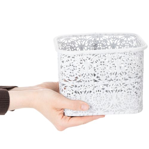 Produkt Metalowe miski z koronkowym wzorem, pojemnik dekoracyjny, kwadratowy, styl shabby chic, biały, 27/23/19 cm, wys. 13,5 cm, zestaw 3 szt.
