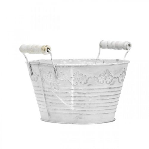 Floristik24 Miska ozdobna do sadzenia, doniczka z drewnianymi uchwytami, dekoracja metalowa biała, srebrna Ø16,5cm W12,5cm Sz20cm